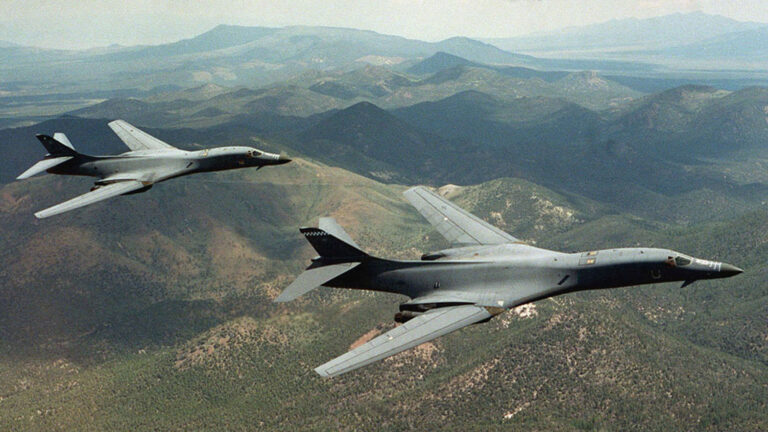 FILE PHOTO: A pair of B-1B Lancer bombers soar over Wyoming